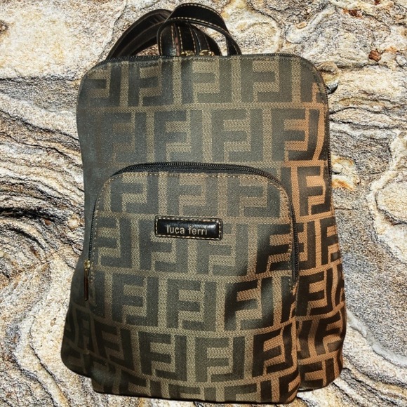 Luca Ferri Backpack Book Bag Small FF Logo Print Brown Women's - Picture 1 of 5